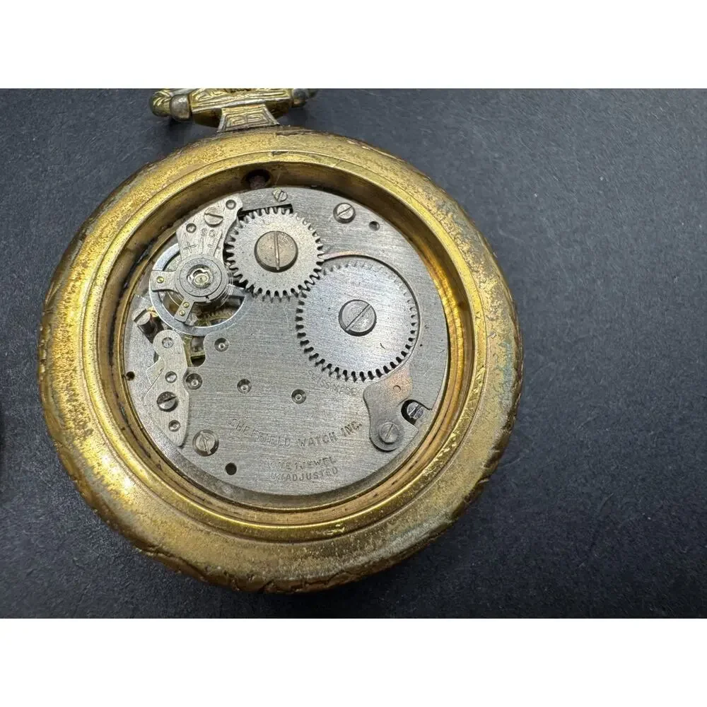Vintage Sheffield Gold Tone Swiss Made White Dial Pendant Pocket Watch 1 Jewel